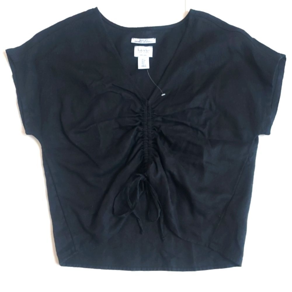 NWOT Ladies Nicole Miller Black 100% Linen Front Vertical Drawstring Top Size S
